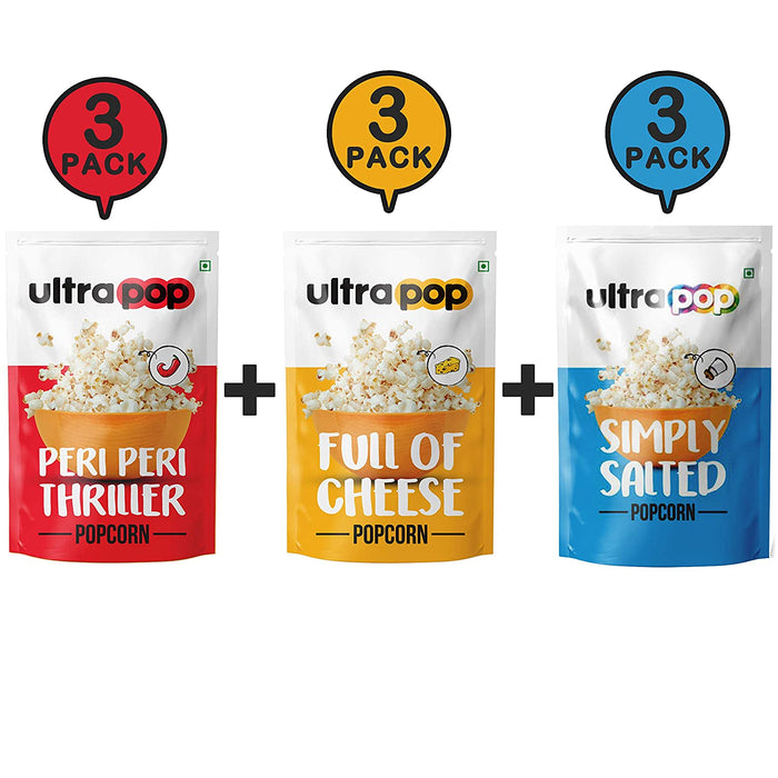 Ultrapop Flavored Ready to Eat Popped 3 Peri Peri, 3 Cheese and 3 Salted Popcorn - Pack of 9