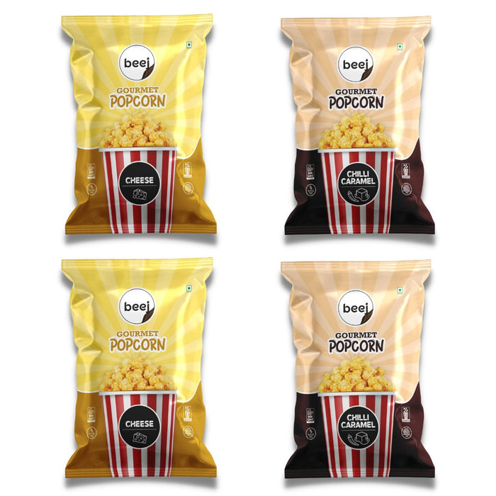 Beej Ready to Eat Gourmet Popcorn 2 Cheese 40gm each & 2 Chilli Caramel 50gm each (Combo of 4)