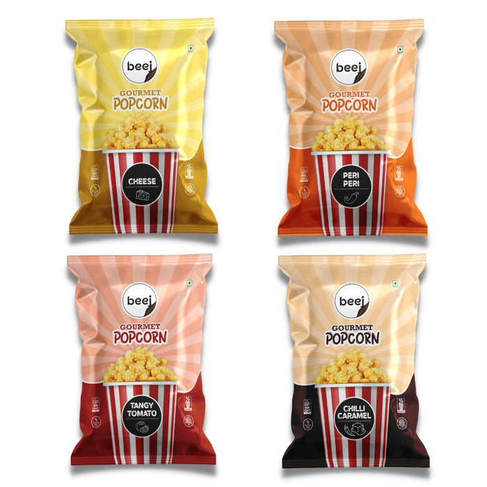 Beej Ready to Eat Gourmet Popcorn Cheese 40gm, Peri Peri 40gm, Tangy Tomato 40gm & Chilli Caramel 50gm (Combo of 4)