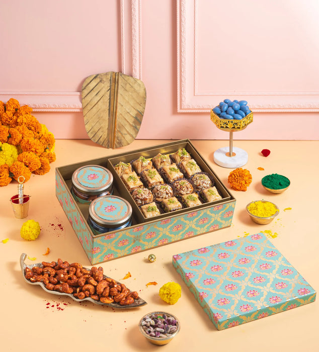 Holi Lotus Gift Box with Baklavas & Dryfruits - Holi Special Sweets