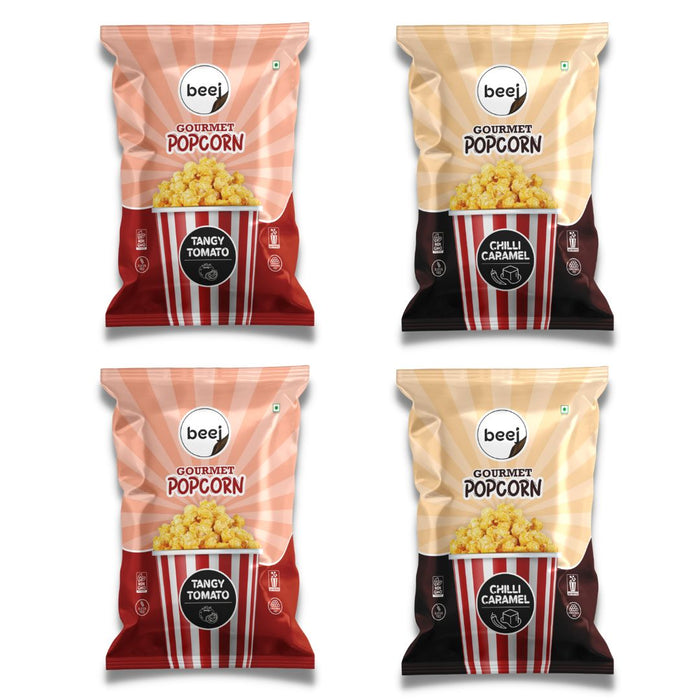 Beej Ready to Eat Gourmet Popcorn 2 Tangy Tomato 40gm each & 2 Chilli Caramel 50gm each (Combo of 4)