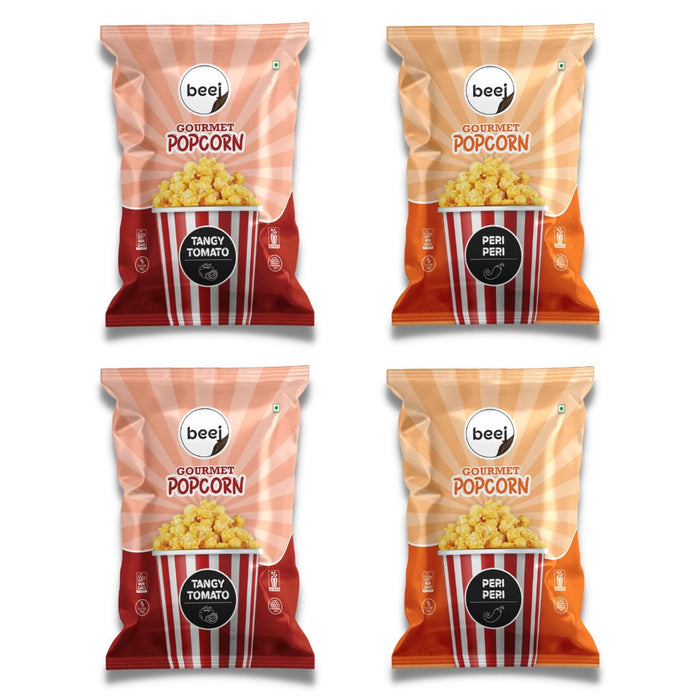 Beej Ready to Eat Gourmet Popcorn 2 Tangy Tomato 40gm each & 2 Peri Peri 40gm each (Combo of 4)
